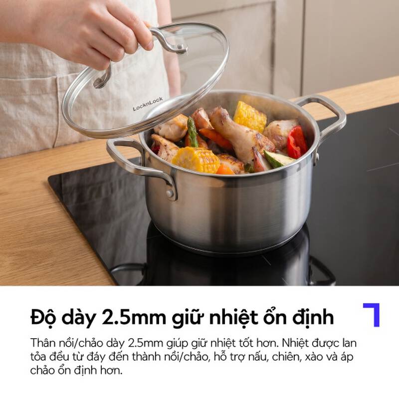 Nồi, Chảo LocknLock Eleve th&eacute;p kh&ocirc;ng gỉ SUS304 tay cầm đ&uacute;c nguy&ecirc;n khối nhiều k&iacute;ch thước, d&ugrave;ng được bếp từ image number null